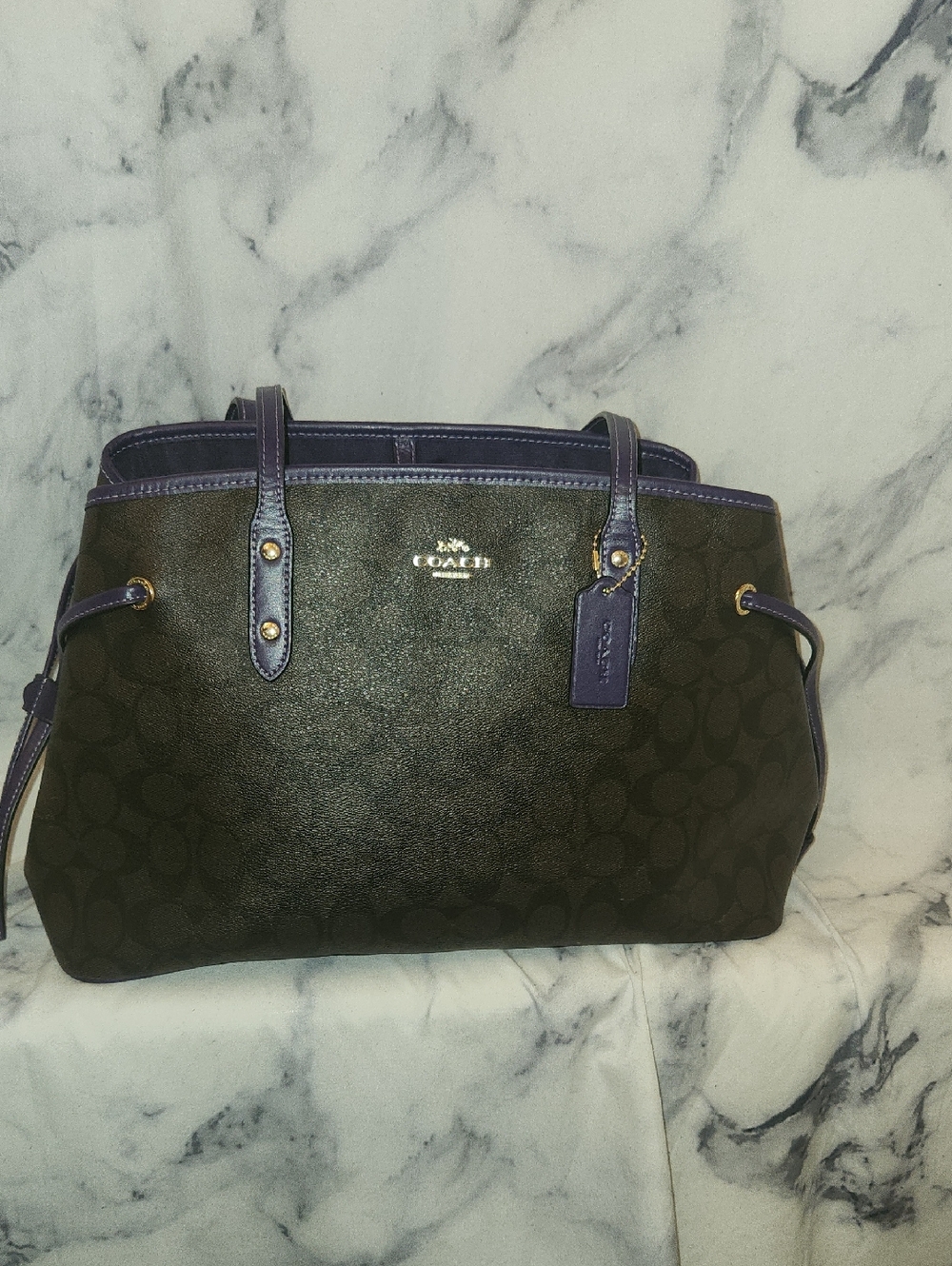 Coach Dark Brown Signature Tote with Purple Trim